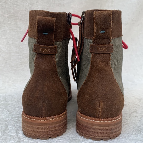 Toms Nolita Brown Suede Olive Green Canvas Hot Pink Lace Up Lug Soles Boots - Picture 4 of 10